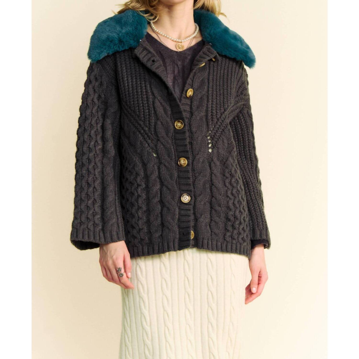 New Davi & Dani Fluffy Cable Knit Cardigan Top In Charcoal